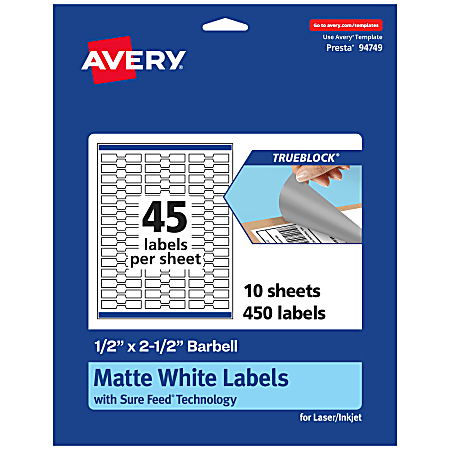 Avery® TrueBlock® Labels With Sure Feed®, 94749-TWMP10, Barbell, 1/2" x 2-1/2", Matte White, Pack Of 450
