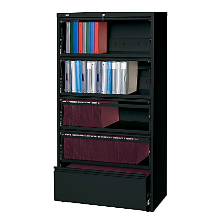 Lorell® Fortress 36"W Lateral 5-Drawer File Cabinet With Roll-Out Shelves, Metal, Black