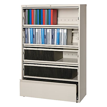 Lorell® Fortress 42"W Lateral 5-Drawer File Cabinet With Roll-Out Shelves, Metal, Putty