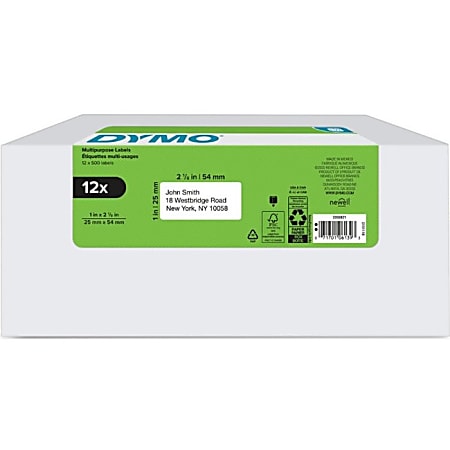 Dymo LabelWriter Multipurpose Label, 1"H x 2 1/8"W, Rectangle, Thermal, White, Black, 500 / Roll, 12 Roll