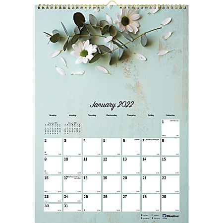 Blueline Romantic Floral Wall Calendar - Julian Dates - Monthly - January 2022 till December 2022 - 17" x 12" Sheet Size - Twin Wire - Floral