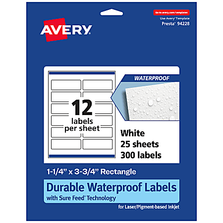 Avery® Waterproof Permanent Labels With Sure Feed®, 94228-WMF25, Rectangle, 1-1/4" x 3-3/4", White, Pack Of 300