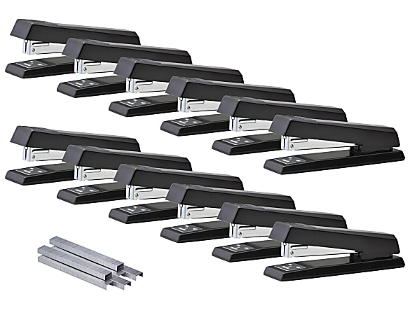 Bostitch No-Jam Premium Desktop Stapler, Full-Strip, Black, Includes 1,250 Staples, Set Of 12 Staplers