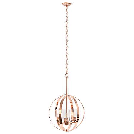 Lalia Home 3-Light Hanging Metal Globe And Clear Glass Ceiling Pendant, 18"W, Rose Gold