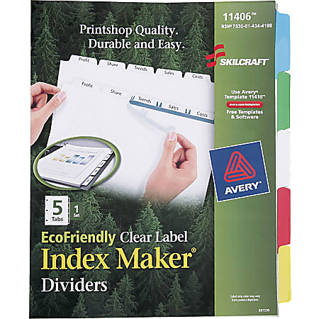 SKILCRAFT® Index Maker Label Dividers, Clear, Set of 5