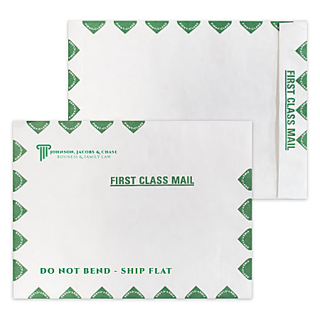 Zip Stick®,  White With Green First Class Border DuPont™ Tyvek® Open End Catalog Mailing Envelopes, 1-Color, Custom 10" x 13", Box Of 500