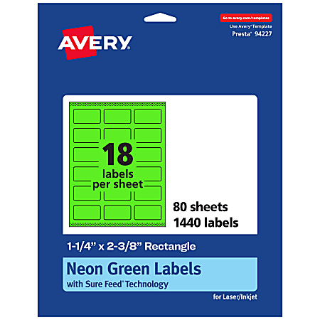Avery® Print-To-The-Edge Labels With Sure Feed® Technology And Easy Peel®, 94227-NGP80, Rectangle, 1-1/4" x 2-3/8", Matte Neon Green, Pack of 1440