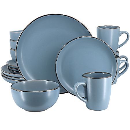 Gibson Home Rockaway 16-Piece Stoneware Metallic Rim Dinnerware Set, Matte Blue