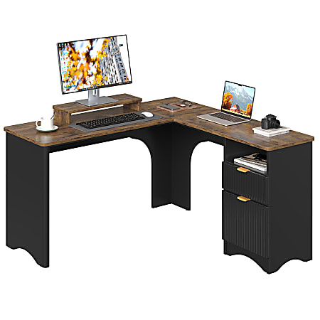 Bestier 56"W Modern L-Shaped Corner Computer Desk With Filing Drawer, Black/Rustic Brown
