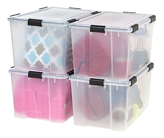 Iris USA 30 Quart Weatherpro Plastic Storage Box with Durable Lid and Seal and Secure Latching Buckles, Clear with Blue Buckles, Weathertight, 3 Pack