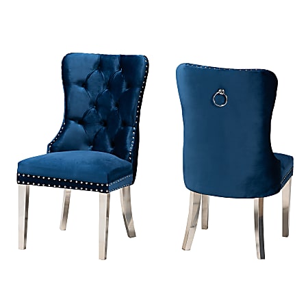 Baxton Studio Honora Velvet Fabric And Metal Dining Accent Chair Set, Glam/Luxe Navy Blue/Silver, Set Of 2 Chairs