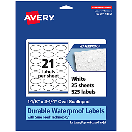 Avery® Waterproof Permanent Labels With Sure Feed®, 94061-WMF25, Oval Scalloped, 1-1/8" x 2-1/4", White, Pack Of 525