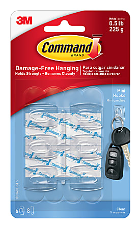 Command Mini Wall Hooks, 6 Command Hooks, 8 Command Strips, Damage Free Hanging of Dorm Room Decorations, Clear