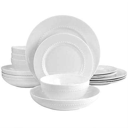 Gibson Elite Embossed Bone China 16-Piece Double Bowl Dinnerware Set, White