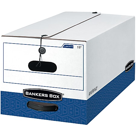 Bankers Box® Liberty® FastFold® Heavy-Duty Storage Boxes With Locking Lift-Off Lids And Built-In Handles, Letter Size, White/Blue, 60% Recycled, 24“ x 15" x 10", Case Of 4