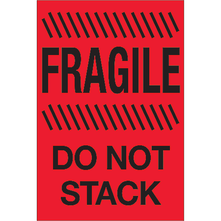 Tape Logic® Preprinted Special Handling Labels, DL1192, Fragile Do Not Stack, Rectangle, 4" x 6", Fluorescent Red, Roll Of 500