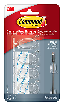3M™ Command™ Damage-Free Cord Clips, Medium, Clear, Pack Of 4