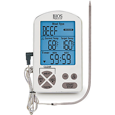 BIOS Medical Wireless Pre programmed Thermometer 32 F 0 C to 482 F 250 C  Wireless Preprogrammed Timer Adjustable Temperature Alarm Belt Clip  Backlight For Cooking Grill - Office Depot