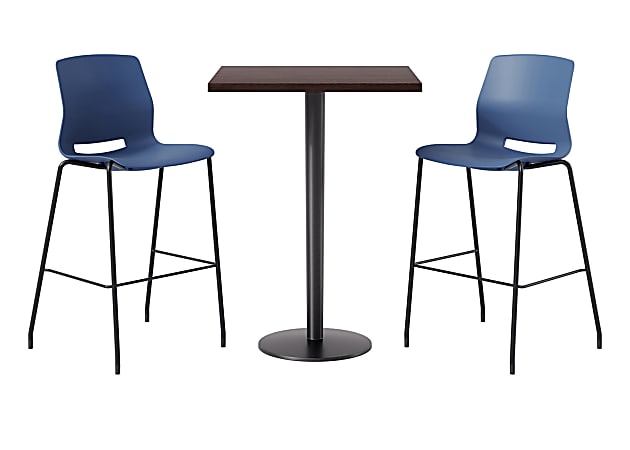 KFI Studios Proof Bistro Square Pedestal Table With Imme Bar Stools, Includes 2 Stools, 43-1/2”H x 30”W x 30”D, Cafelle Top/Black Base/Navy Chairs
