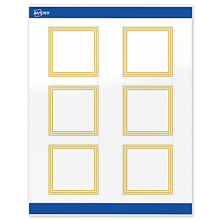 Avery® Print-To-The-Edge Labels & Sure Feed®, S00-DHJ-PRWGP10, 3" x 3", Glossy White, Preprinted Multi-Lined Gold Border Design, Pack Of 60