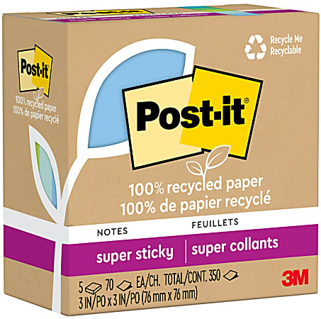 Post-it 100% Recycled Paper Super Sticky Notes, 350 Total Notes, Pack Of 5 Pads, 3” x 3”, Oasis Collection, 70 Notes Per Pad