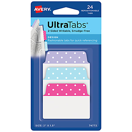 Avery® Multiuse Ultra Tabs®, 2-Side Writable, 2" x 1.5", Pink/Blue/Purple, Pastel Dots, Pack Of 24 Repositionable Tabs
