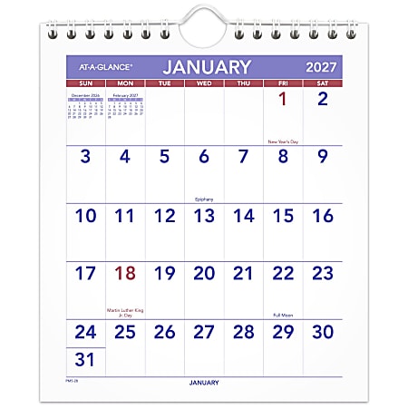 AT-A-GLANCE® 2027 Monthly Wall Calendar, Mini, 6 1/2" x 7 1/2"