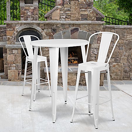 Flash Furniture Commercial-Grade Round Metal Indoor/Outdoor Bar Table Set With 2 Café Stools, 41"H x 30"W x 30"D, White