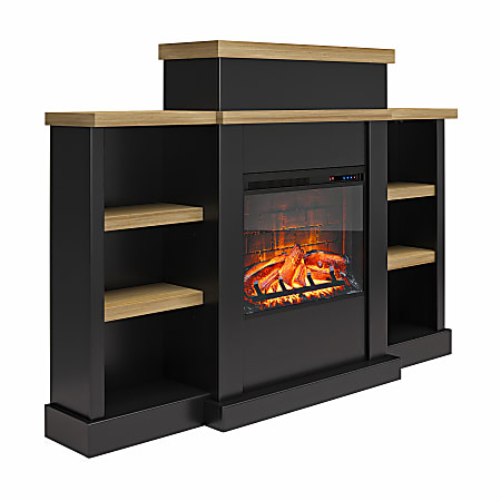 Ameriwood Home Gateswood Electric Fireplace With Mantel And Bookcase, 45-7/16"H x 64-5/16"W x 12-5/8"D, Black/Natural