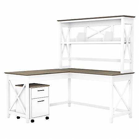 Bush® Furniture Key West 60"W L-Shaped Desk With Hutch And 2-Drawer Mobile File Cabinet, Shiplap Gray/Pure White, Standard Delivery