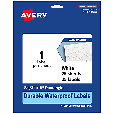 Avery® Waterproof Permanent Labels, 94269-WMF25, Rectangle, 8-1/2" x 11", White, Pack Of 25