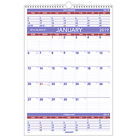 AT-A-GLANCE® 3-Month Wall Calendar, 15 1/2" x 22 3/4", January to December 2019