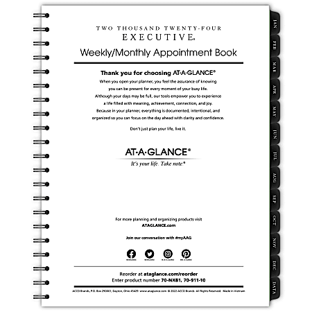 2024 AT-A-GLANCE® Executive Weekly/Monthly Refill For 70-NX81, 8-1/4" x 11", January To December 2024, 7091110