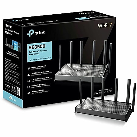 TP-Link Archer BE6500 Wi-Fi 7 IEEE 802.11 a/b/g/n/ac/ax/be Ethernet Wireless Router - Dual Band - 2.40 GHz ISM Band - 5 GHz UNII Band - 6 x Antenna(6 x External) - 832 MB/s Wireless Speed - 4 x Network Port - 1 x Broadband Port - USB