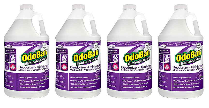 OdoBan Professional Disinfectant and Odor Eliminator Concentrate, Lavender Scent, 1 Gallon, Pack Of 4 Jugs