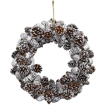 Nearly Natural Snowy Pine Cone 17"H Wreath, 17” x 3”, White