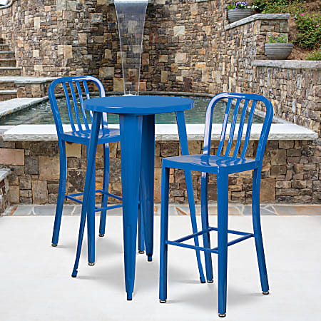 Flash Furniture Commercial-Grade Round Metal Indoor-Outdoor Bar Table Set With 2 Vertical Slat-Back Stools, 41"H x 24"W x 24"D, Blue