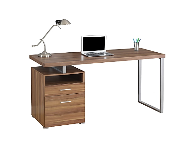 Monarch Specialties Contemporary Computer Desk With 2-Drawers And Open Shelf, Walnut/Silver
