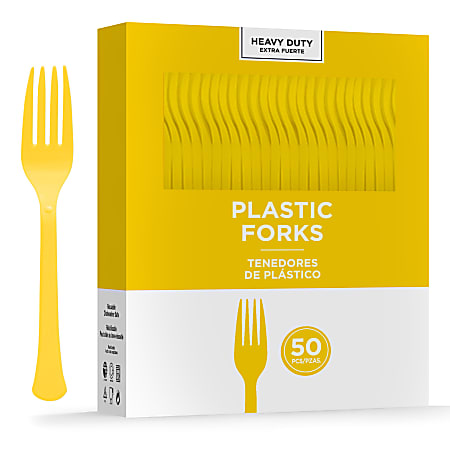 Amscan 8017 Solid Heavyweight Plastic Forks, Yellow Sunshine, 50 Forks Per Pack, Case Of 3 Packs