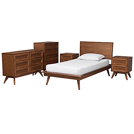 Baxton Studio Melora Mid-Century Modern Finished Wood/Rattan 5-Piece Bedroom Set, Twin Size, Walnut Brown