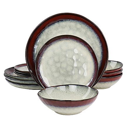 Elama Samara Stoneware Dinnerware Set, Red/Off-White, Set Of 12 Pieces