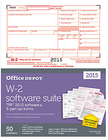 Office Depot® Brand W-2 Laser Forms And Software Set, 6-Part, 8 1/2" x 11", Pack Of 50