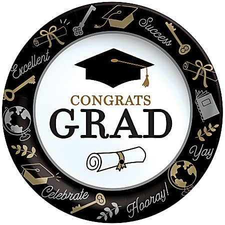 Amscan Congrats Grad Appetizer/Dessert Plates, 6-3/4", Black/White/Gold, Pack Of 8 Plates