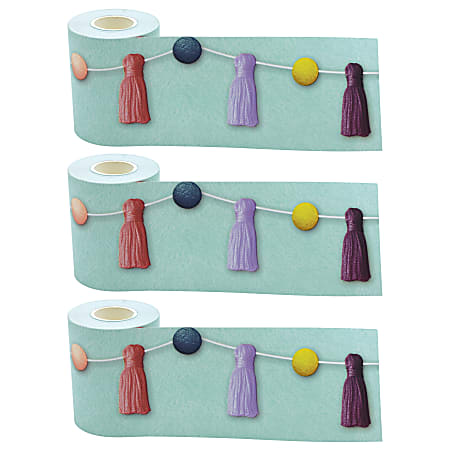 Teacher Created Resources® Straight Rolled Border Trim, Oh Happy Day Pom-Poms And Tassels, 50’ Per Roll, Pack Of 3 Rolls