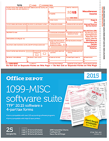 Office Depot® Brand 1099-MISC Inkjet/Laser Tax Forms, With Software, 4-Part, 8 1/2" x 11", Pack Of 25