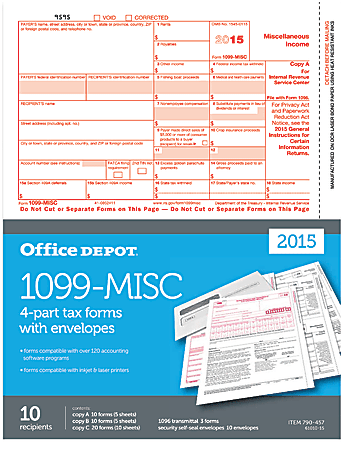 Office Depot® Brand 1099-MISC Inkjet/Laser Tax Forms, With Envelopes, 4-Part, 8 1/2" x 11", Pack Of 10