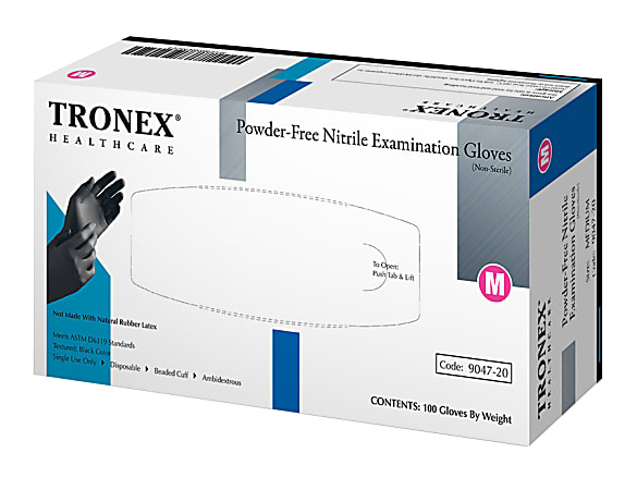 Tronex Fingertip-Textured Powder-Free Nitrile Exam Gloves, Medium, Black, Pack Of 100 Gloves