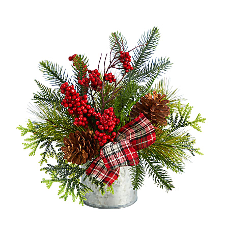 Nearly Natural Holiday Winter 12”H Pine Cones, Berries, Greenery And Plaid Bow Artificial Christmas Arrangement, 12”H x 10”W x 8”D, Green/Silver