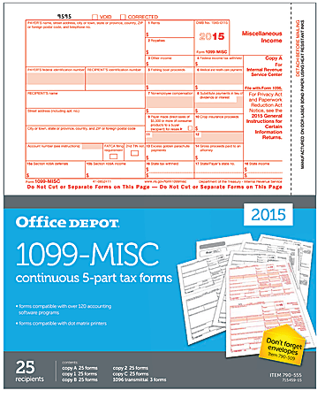 Office Depot® Brand 1099-MISC Continuous Tax Forms, 5-Part, 8 1/2" x 11", Pack Of 25, 715459-15