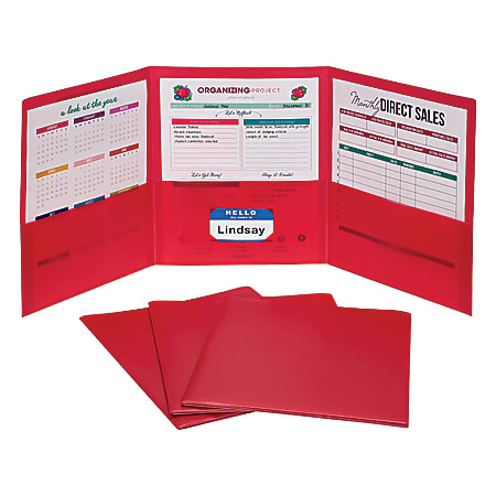C-Line® 3-Pocket Poly Portfolios, 8-1/2" x 11", Letter Size, Red, Pack Of 24 Portfolios